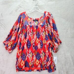 Calessa‎ Tunic Womens 3X Red Multi Ikat Print Square Neck 3/4 Sleeve Blouse Top